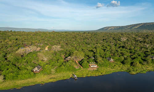 Aerial view, Wilderness Safaris Magashi Camp, Akagera National Park, Rwanda