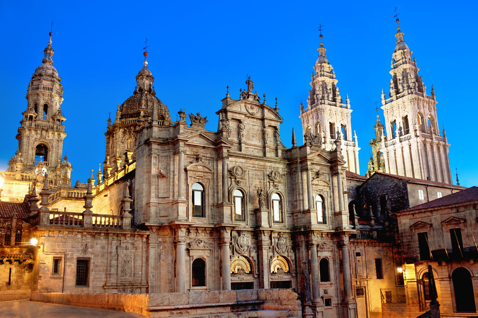 The cathedral of Santiago de Compostela at dusk, Galicia, Spain
