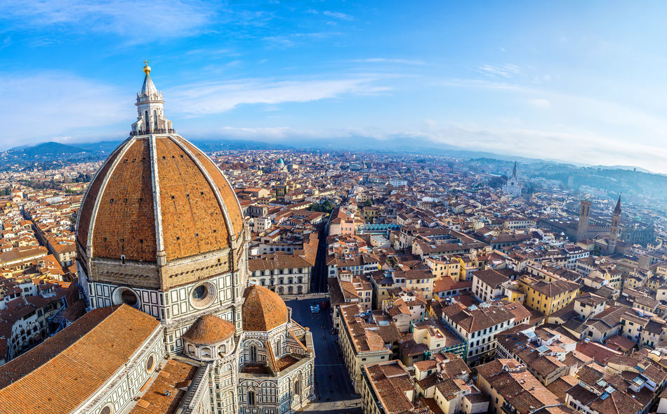 Aerial view of Florence's Duomo cathedral and city skyline